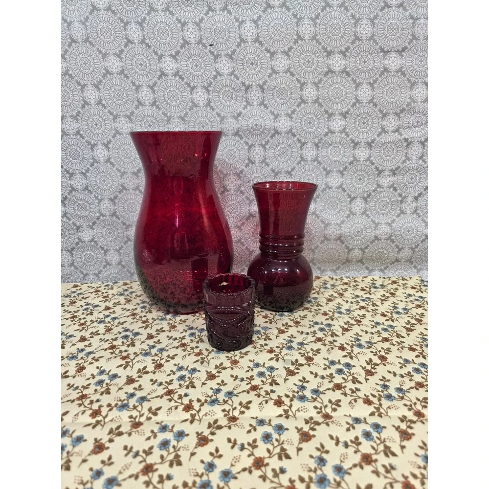 Ruby Red Glass Vase Candle Holder Set of 3‎ Bud Vases Home Decor Floral Accent